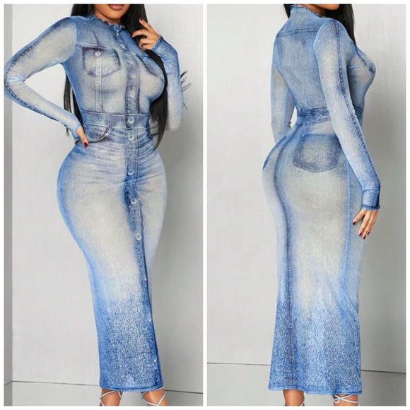 Stylish Blue sheer  denim accented Dress - Picture 2 of 7